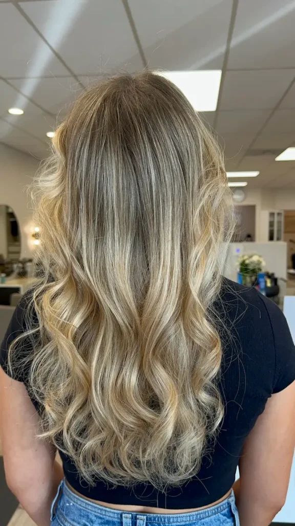 Blonde highlights with soft curls at Anna Hair Studio
