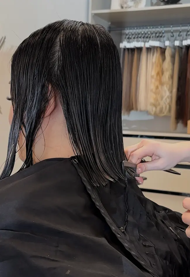 Precision bob haircut in progress at Anna Hair Studio